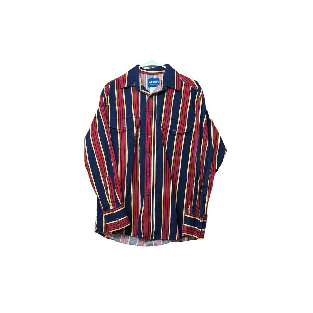 Vintage Wrangler Red Blue Stripe Rodeo Western Pearl Snap Button Up Shirt Men's